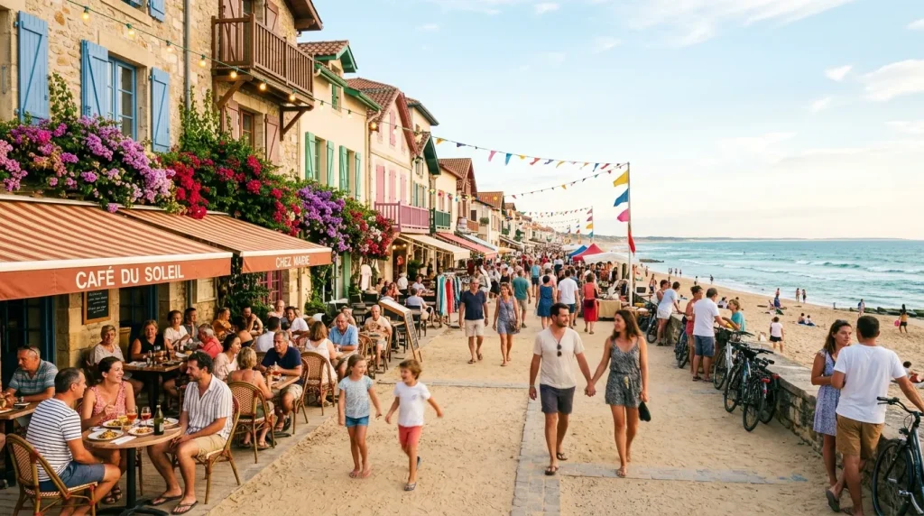Plage animée avec cafés, touristes et maisons colorées côtières