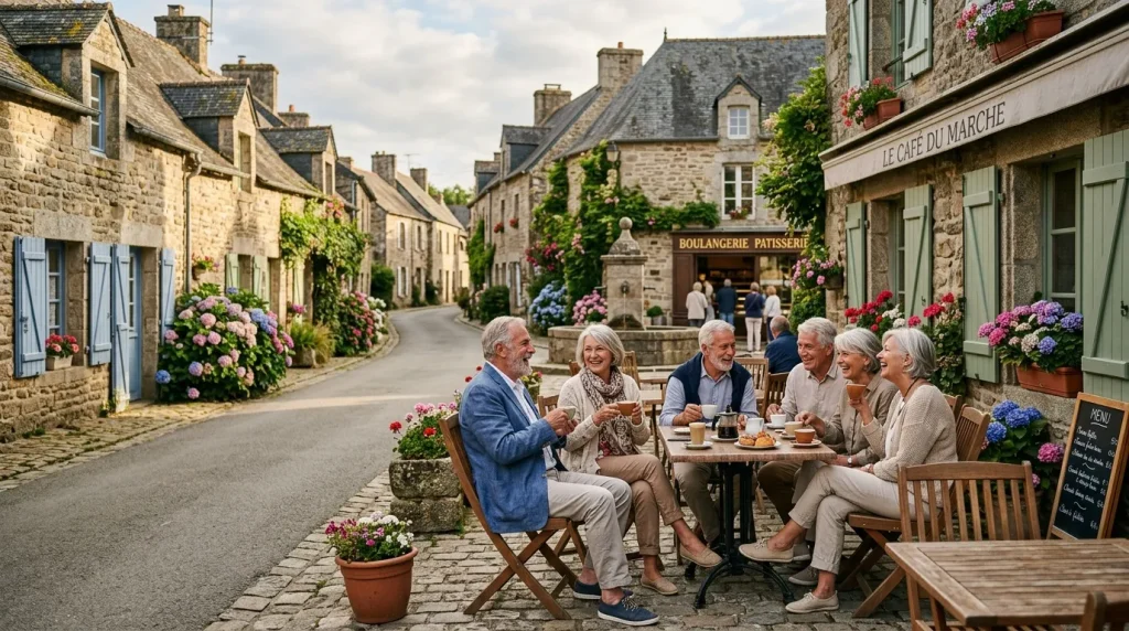 Groupe de seniors prenant un café en terrasse dans un charmant village breton