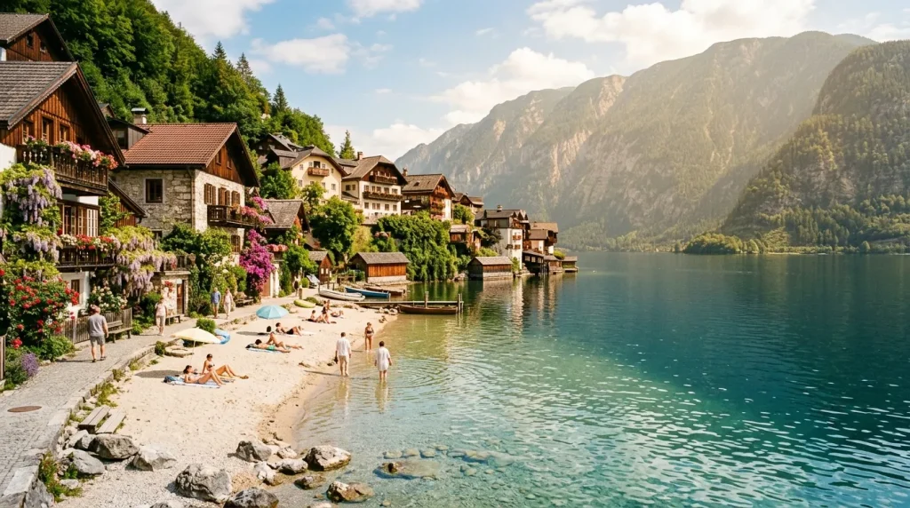 Maisons alpines colorées au bord d'un lac cristallin montagneux
