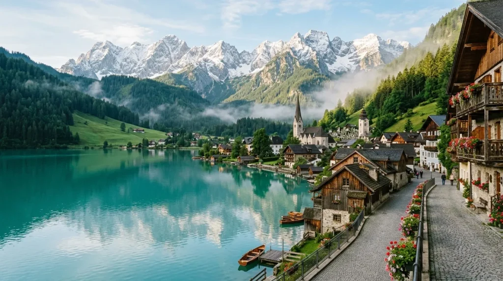 Village montagnard avec église, lac turquoise et pics enneigés