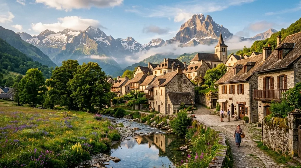 Village médiéval dans vallée alpine avec montagnes et église