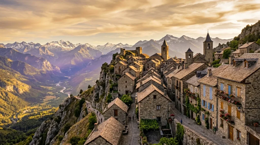 Village médiéval en pierre perché sur falaise alpine avec montagnes.