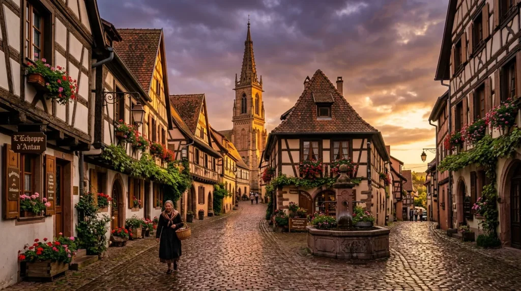 Rue pavée avec maisons à colombages et église au fond