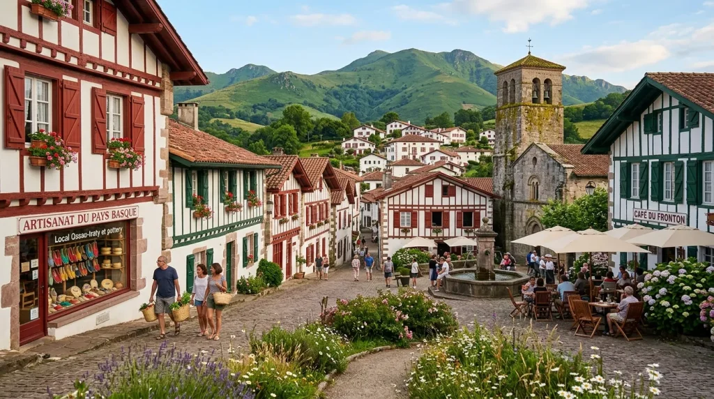 Place de village basque avec maisons à colombages rouges et montagnes vertes