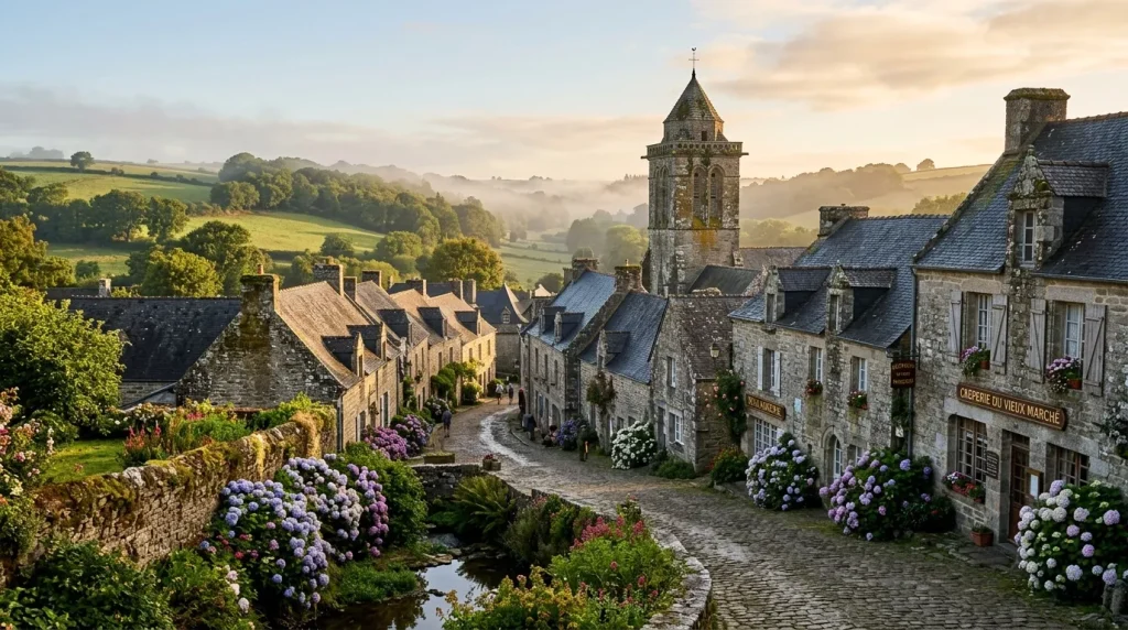 Village de pierre avec église, fleurs mauves et campagne verdoyante.