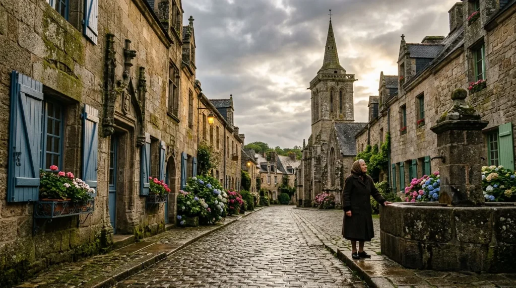 Rue pavée de village breton avec église, fleurs et maisons en pierre