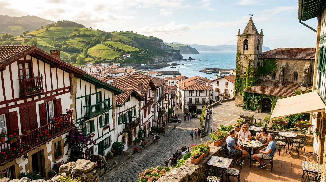 Village traditionnel basque surplombant la mer avec église