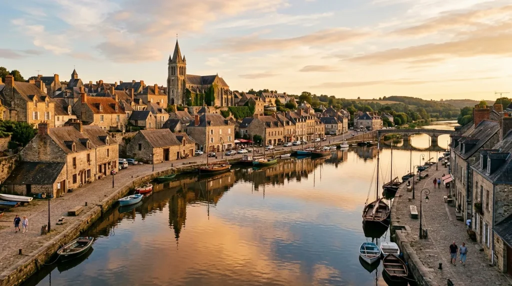 Village médiéval avec église, maisons en pierre et bateaux amarrés