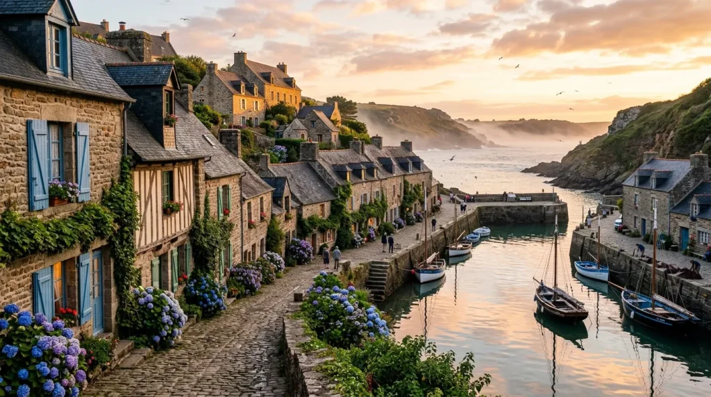 Village côtier avec maisons anciennes, fleurs bleues et bateaux