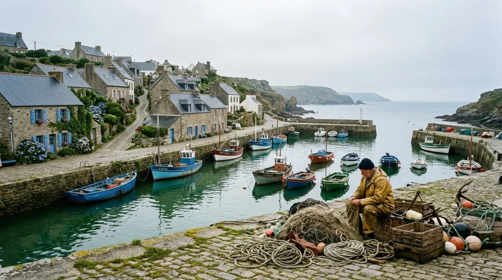 Pêcheur répare filets dans petit port breton pittoresque