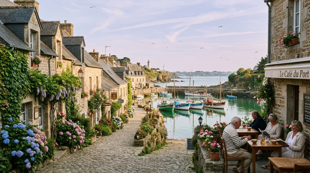 Rue pavée bretonne fleurie menant au port avec bateaux amarrés