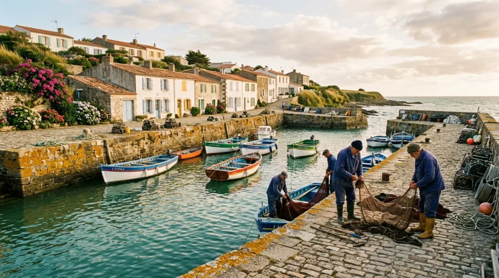 Pêcheurs trient filets sur quai village côtier breton coloré
