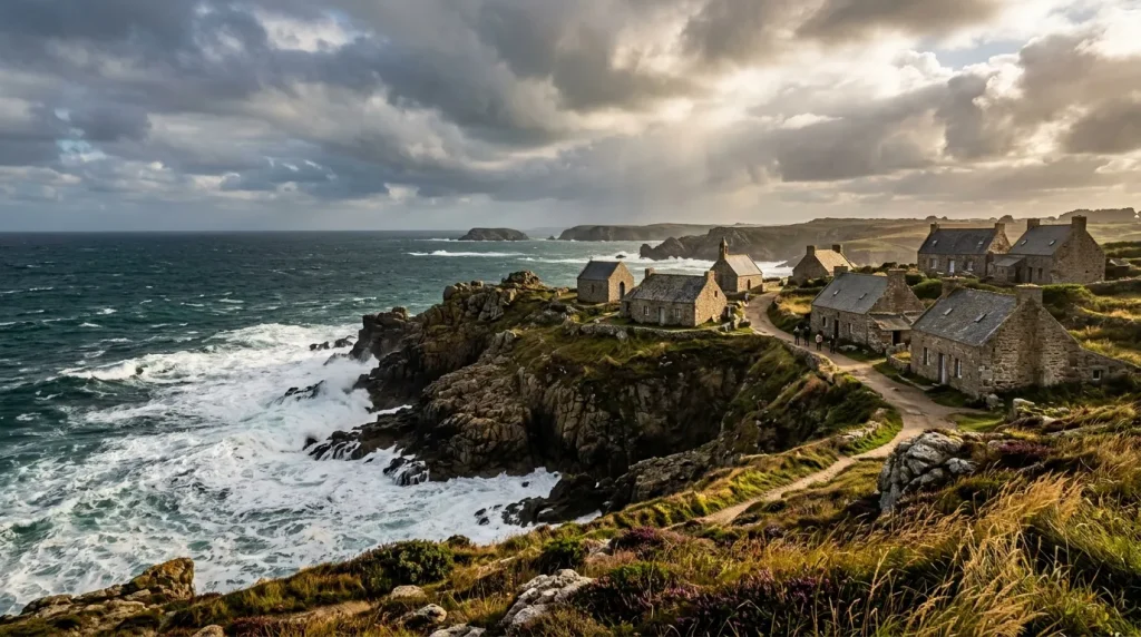 Maisons de pierre au bord d'une falaise rocheuse battue par les vagues