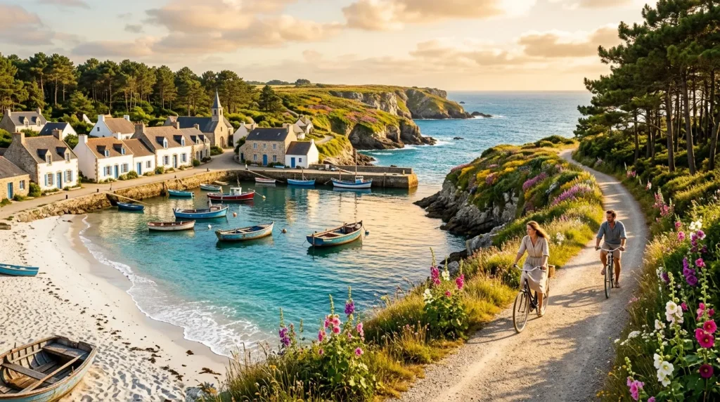 Petit port de pêche avec maisons blanches et bateaux colorés