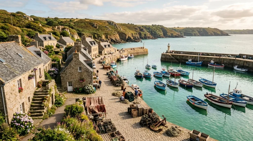 Port de pêche traditionnel avec maisons en pierre et bateaux colorés