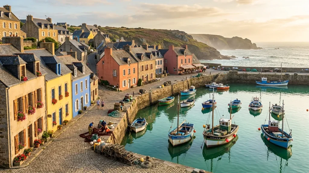 Port de pêche français coloré avec bateaux et maisons traditionnelles