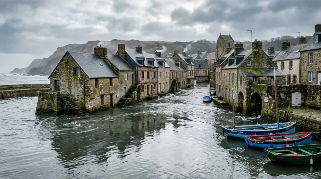 Petit port de pêche avec maisons en pierre et bateaux colorés