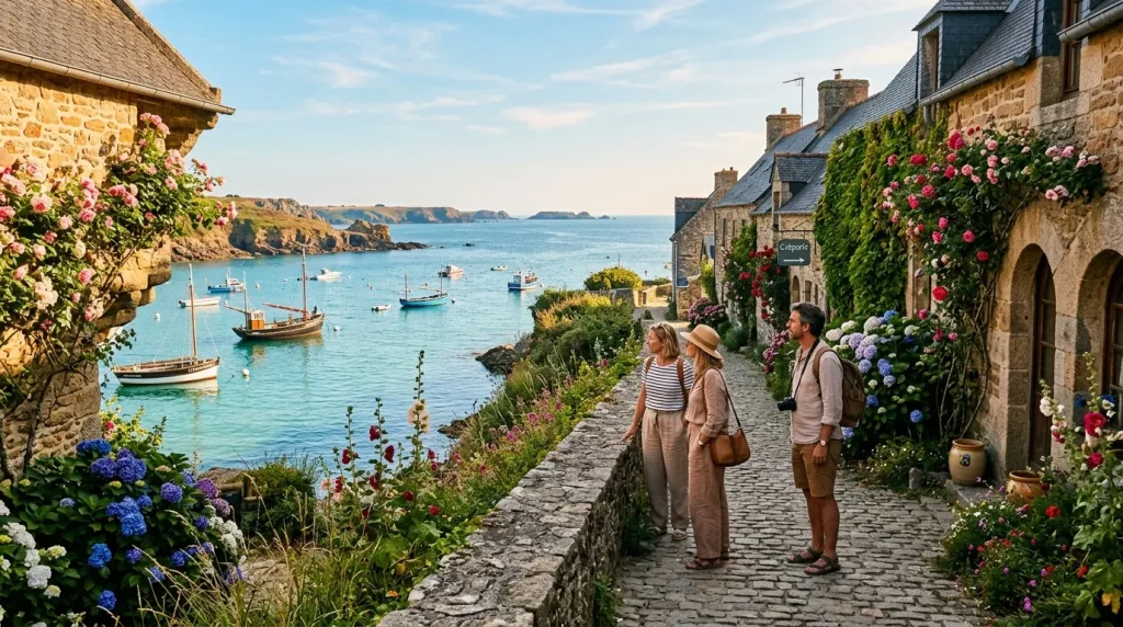 Touristes admirant baie fleurie avec bateaux traditionnels
