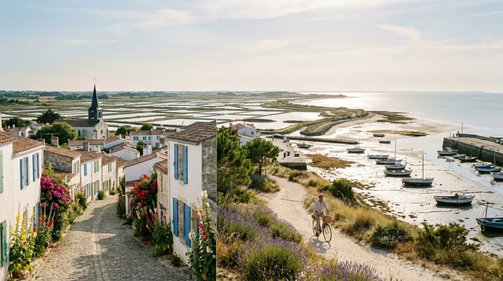 Village blanc avec église, bateau à vélo près de la plage
