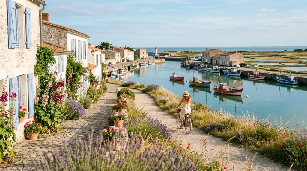 Femme à vélo sur chemin côtier fleuri, village maritime pittoresque