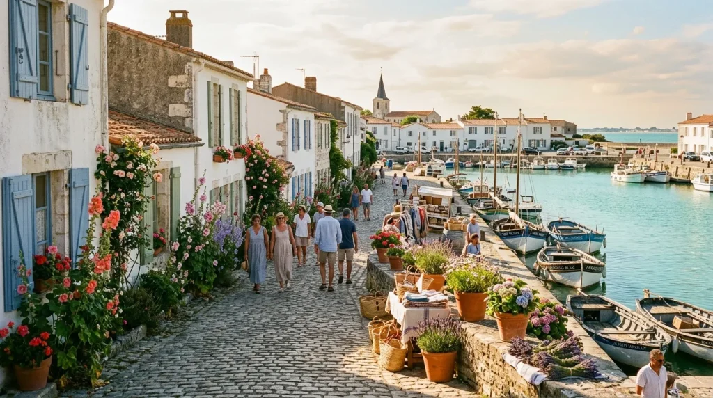 Port méditerranéen avec maisons blanches et bateaux colorés
