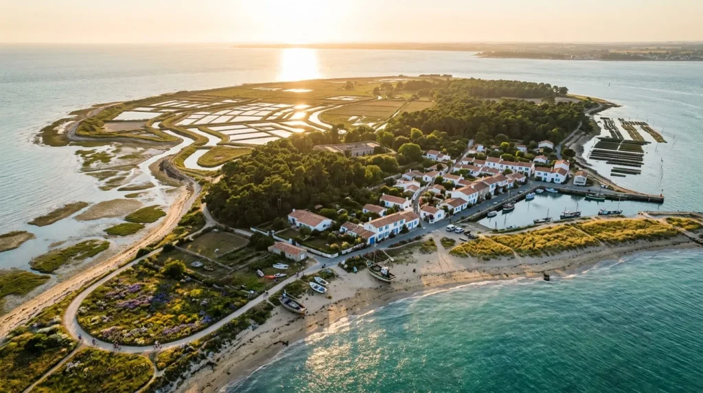 Vue aérienne d'un village côtier avec maisons blanches et marais salants