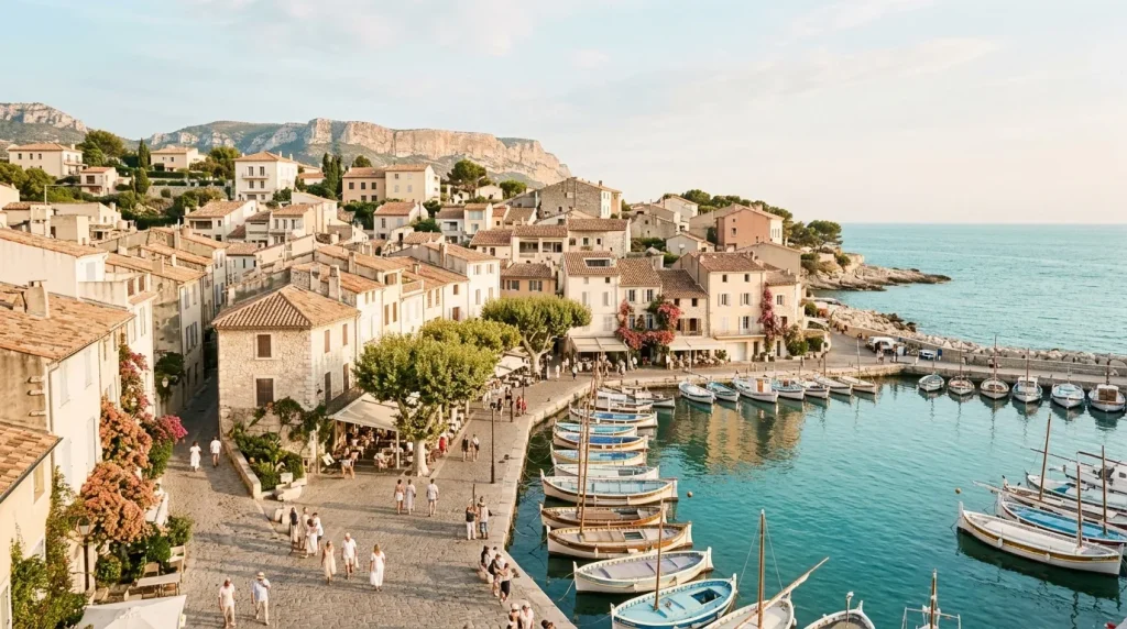 Village méditerranéen avec bateaux amarrés et falaises calcaires