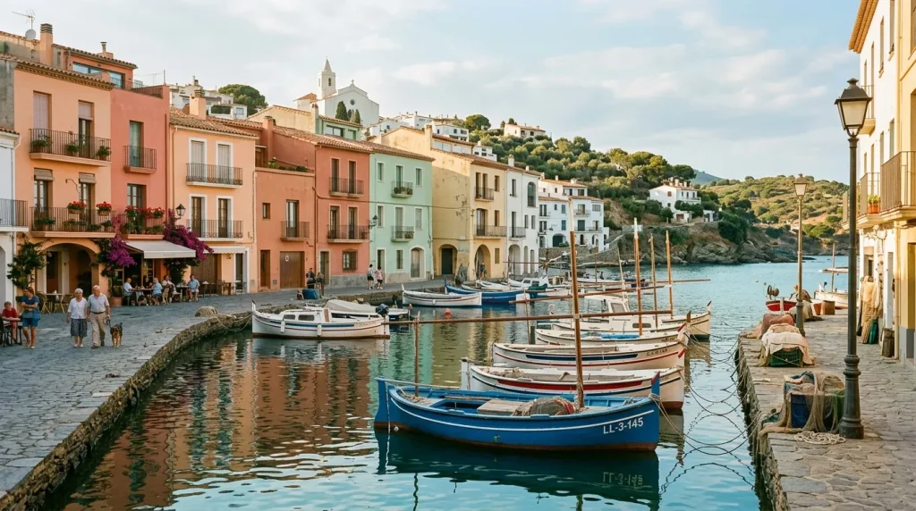 Port de pêche avec bateaux bleus et maisons colorées