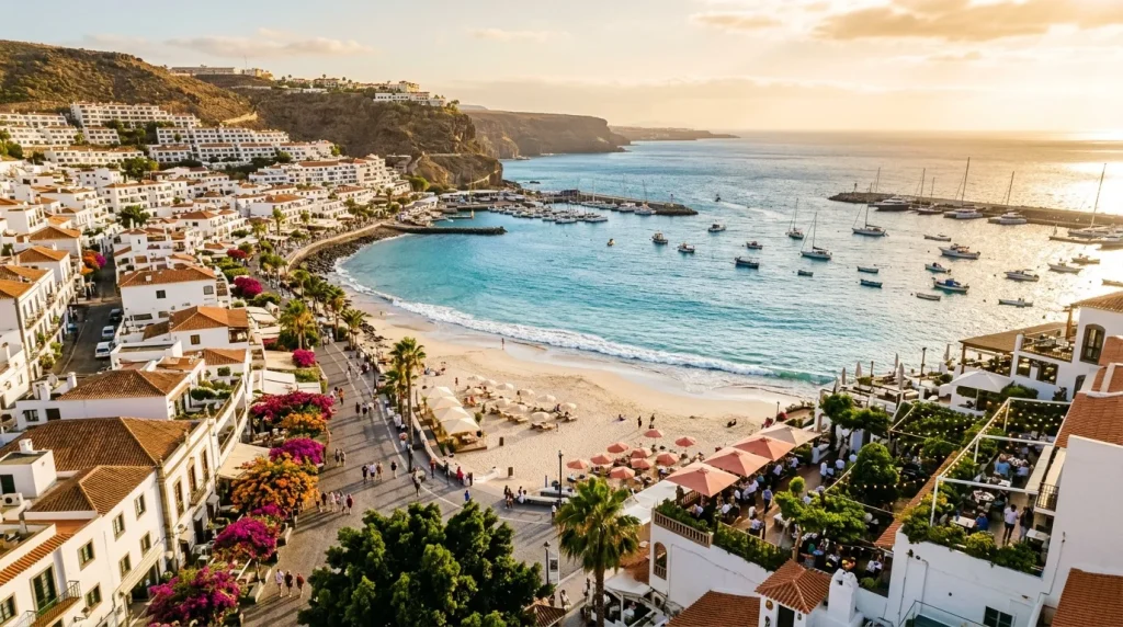 Vue aérienne d'un village blanc avec plage et bateaux