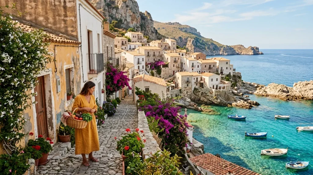 Femme avec panier dans village côtier sicilien coloré