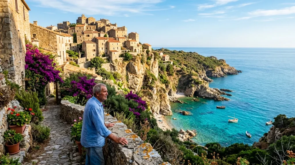 Homme admirant un village perché en bord de mer méditerranéenne