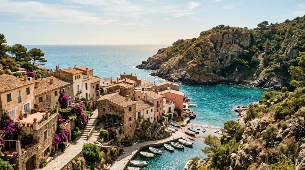Petit village en pierre avec bateaux sur plage turquoise