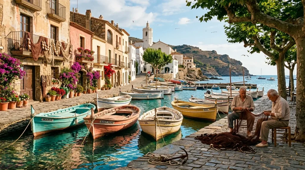 Petit port avec bateaux colorés, maisons anciennes et fleurs roses