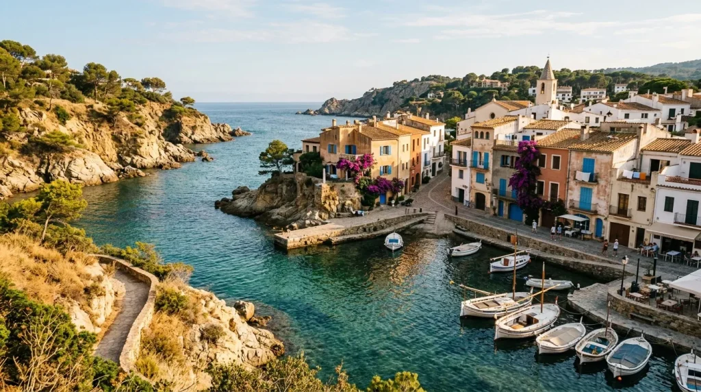 Village blanc avec bateaux dans petite baie méditerranéenne