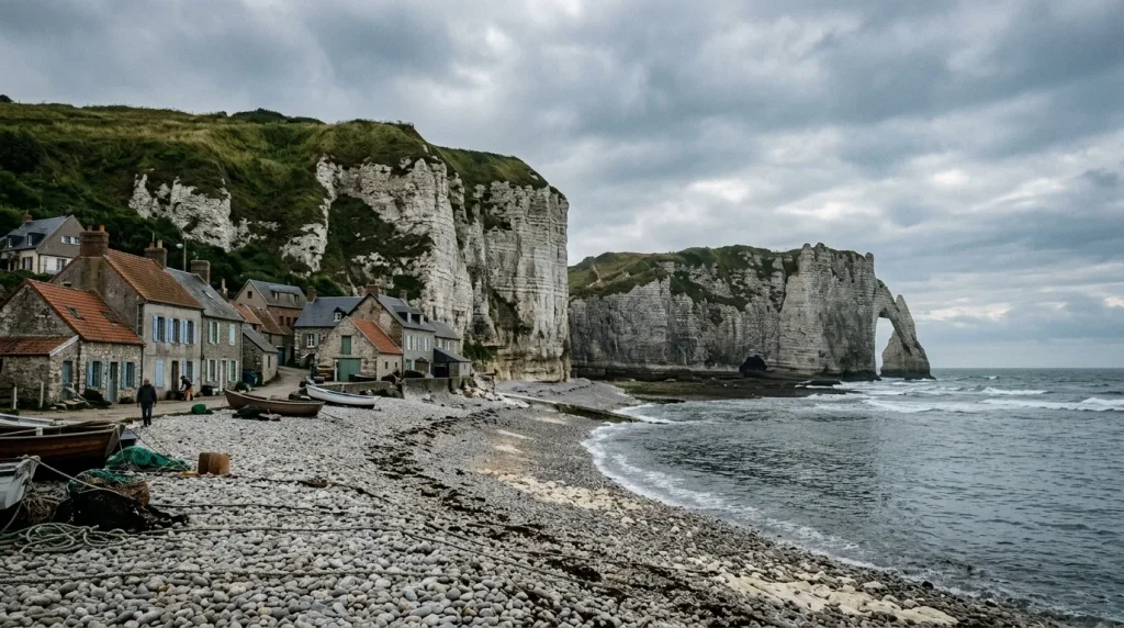 Petit village de pêcheurs au pied de falaises de craie blanche