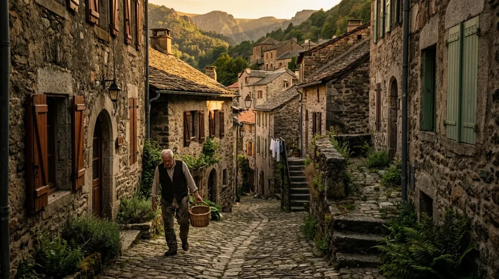 Homme marchant dans ruelle pavée de village montagnard ancien