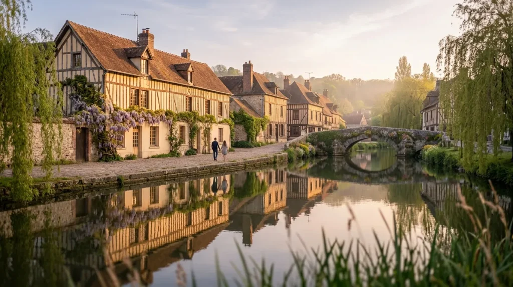 Maisons à colombages reflétées dans un canal calme