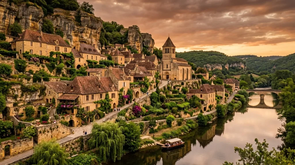 Village de pierre avec église et maisons anciennes au bord de l'eau