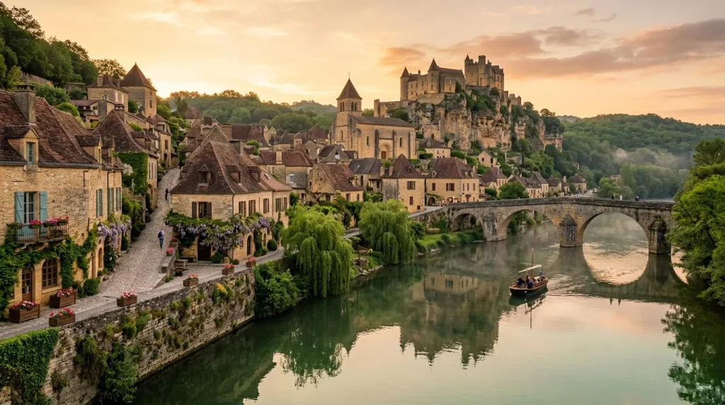 Village pittoresque au bord de rivière avec château médiéval