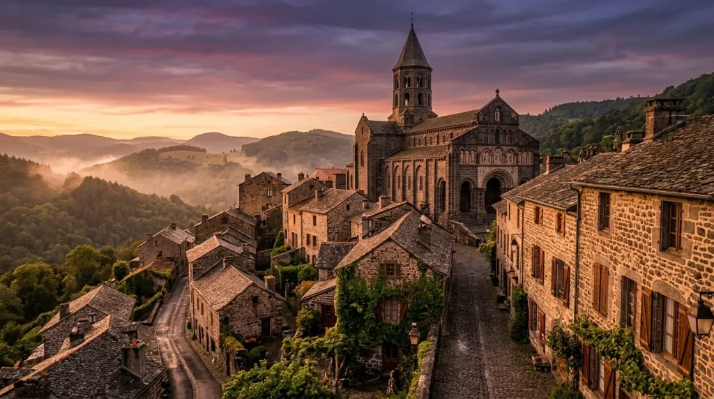 Village en pierre avec église médiévale entouré de montagnes boisées
