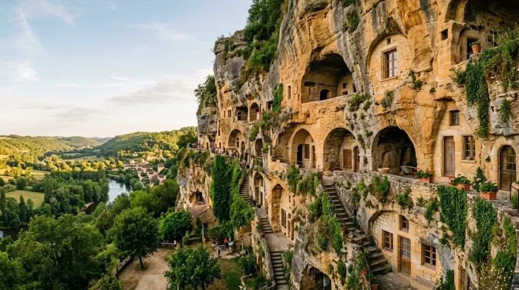 Habitations troglodytes construites dans falaise rocheuse surplombant vallée verdoyante