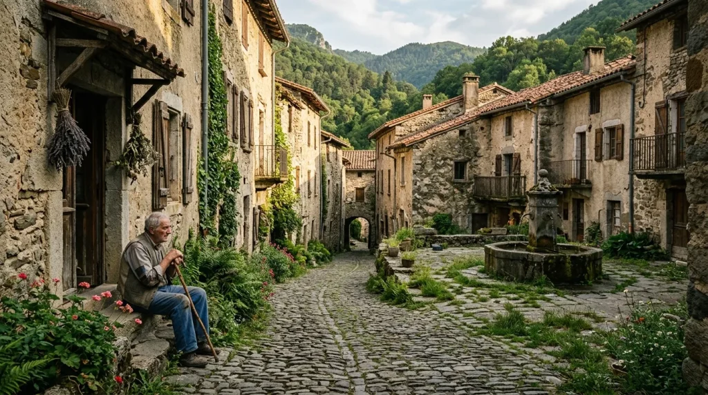 Homme assis dans une ruelle pavée de village ancien encadré de montagnes