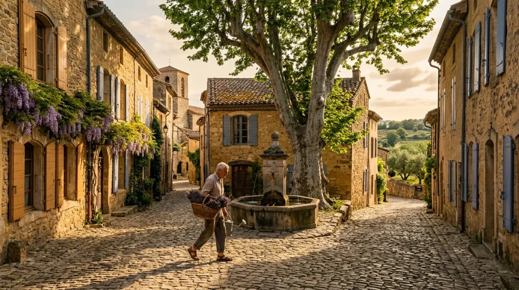 Homme marchant dans ruelle pavée de village ancien en pierre.
