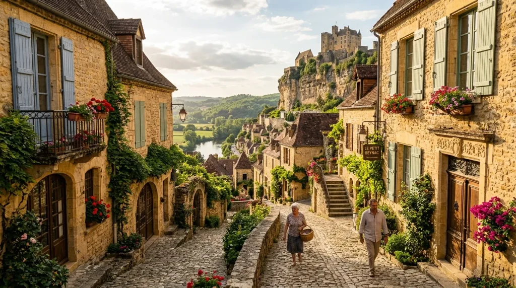 Rue pavée village français château falaise fleurs