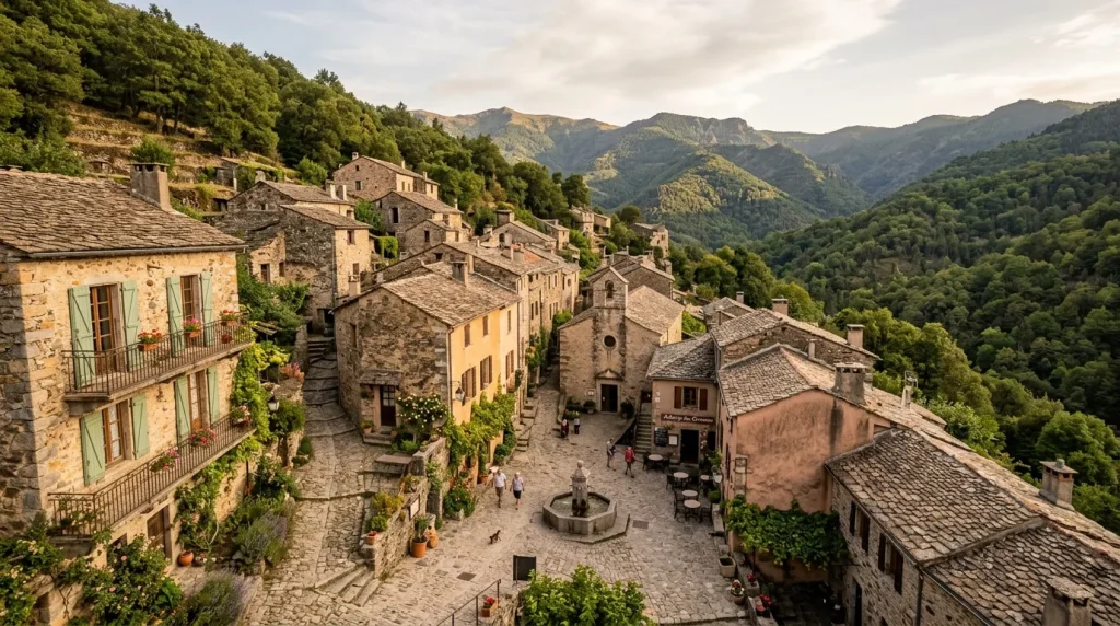 Village de pierre ancien avec montagnes verdoyantes en arrière-plan