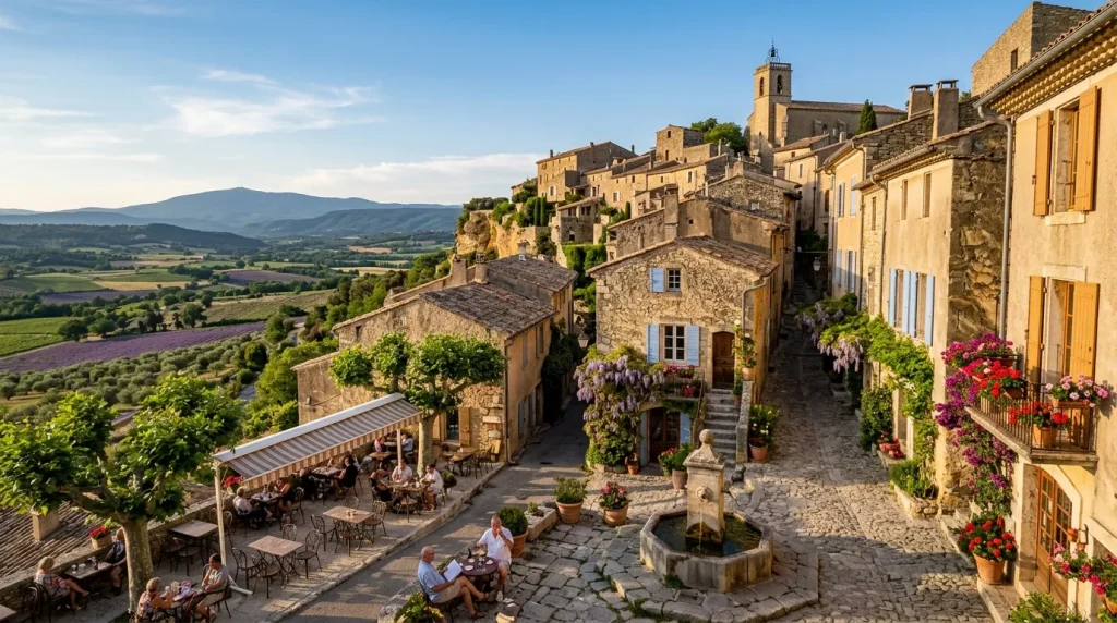 Village provençal médiéval avec fleurs colorées et paysage vallonné