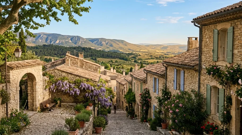 Rue pavée de village provençal avec fleurs et montagnes