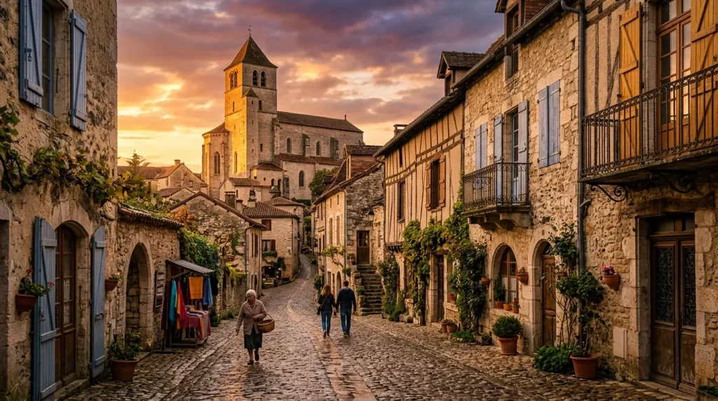 Rue pavée de village ancien avec église illuminée au coucher soleil