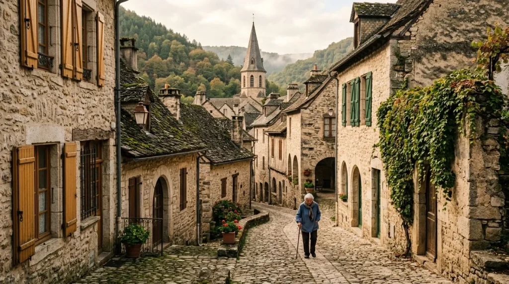 Rue pavée village pierre, église, forêt montagneuse