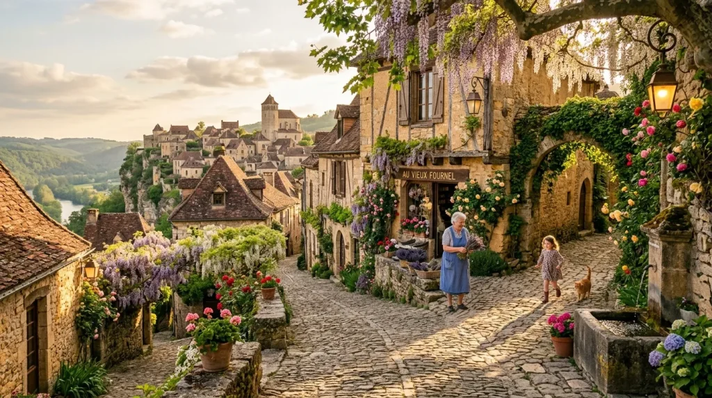 Rue pittoresque d'un village médiéval avec fleurs et château